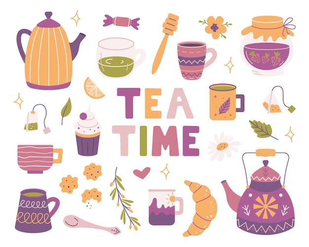 Vector juego de té a la hora de elementos vectoriales teteras tazas dulces en estilo plano fiesta del té del desayuno
