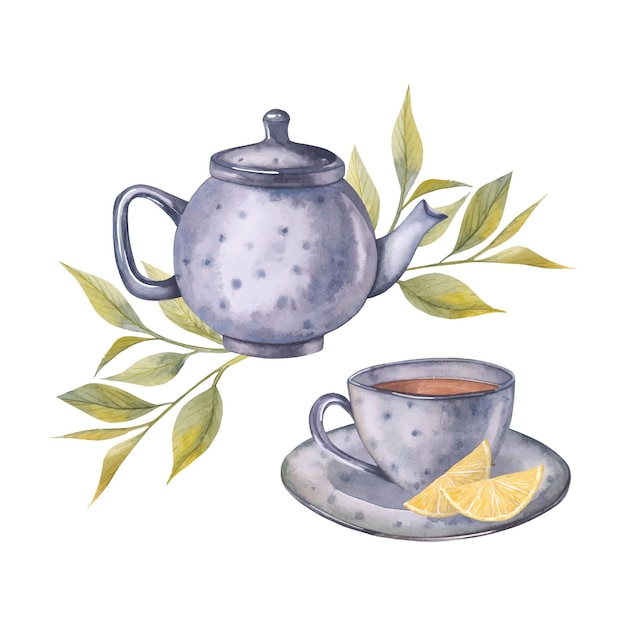 Juego de té ilustración acuarela objetos aislados para diseño de menú y empaque de té
