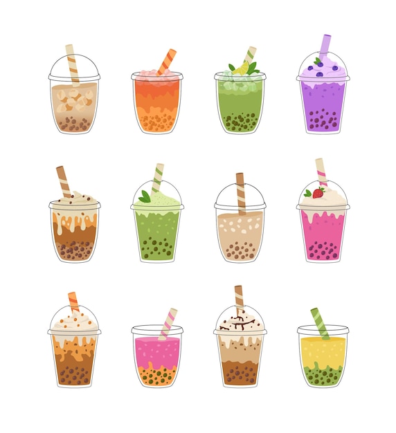 Juego de té de leche de burbujas con perlas de tapioca Bebida asiática taiwanesa Bebidas frías deliciosas de verano