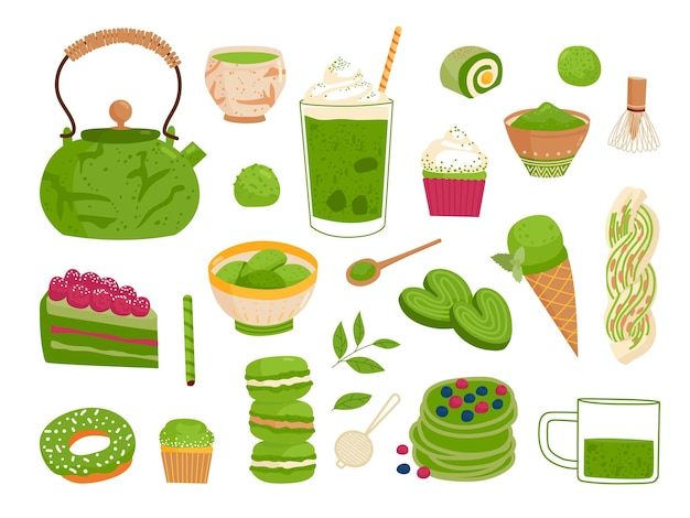 Juego de té Matcha Galletas orientales macarons japoneses y café con leche caliente Ingredientes vegetales postres bebidas y bebidas verdes Juego de vectores asiáticos con clase