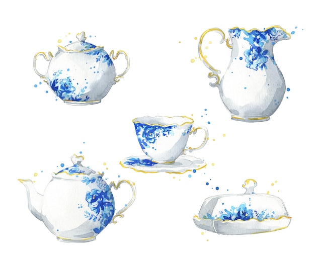 Juego de té de porcelana, ilustración acuarela