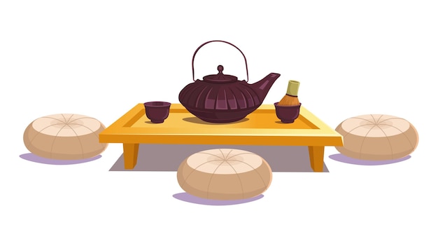 Juego de té con un soporte, tazas de tetera y un cepillo para las ceremonias del té sobre un fondo blanco Dibujos animados