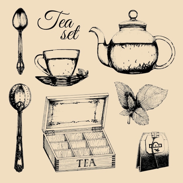 Juego de té de vector dibujado a mano Colección de ilustraciones de vidrio de cocina y electrodomésticos de plata en taza estilo boceto, etc.