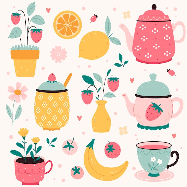 Un juego de teteras y vasos y un tazón de azúcar con fresas limón y plátano platos de verano lindos