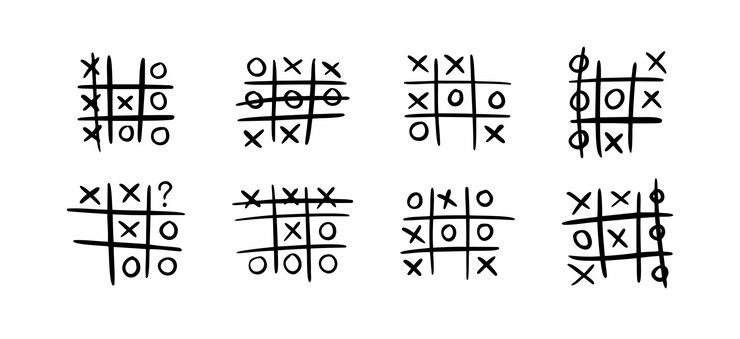 Vector juego de tic-tac-toe dibujado a mano doodle xo juego para niños noughts y ganar jugar a tic-tack-toe draw