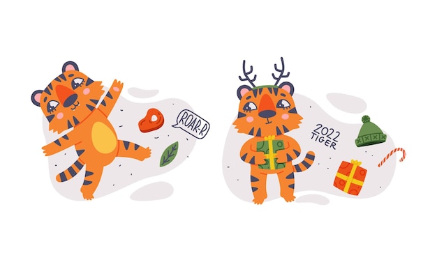 Un juego de tigres bebés lindos celebrando el Año Nuevo, una selva de rayas naranjas divertidas, personajes de gatos salvajes, ilustraciones vectoriales de dibujos animados.