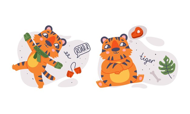 Un juego de tigres bebés lindos, un personaje salvaje de la selva con rayas naranjas en diferentes actividades, una ilustración vectorial de dibujos animados.