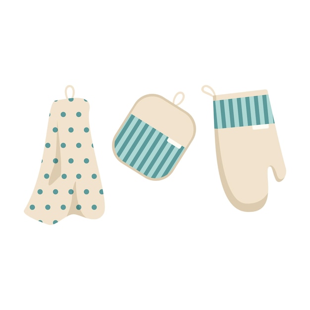 Un juego de toallas y guantes de horno para platos artículo de cocina.
