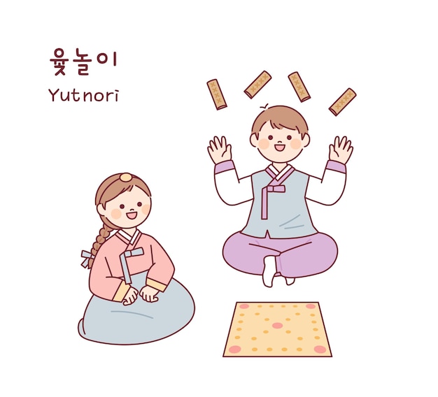 Vector juego tradicional coreano dos amigos que usan hanbok están jugando a yutnori, un juego tradicional