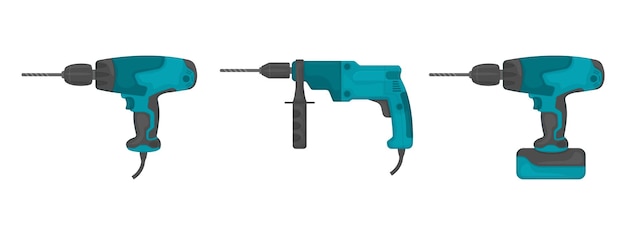 Un juego de tres taladros manuales. Herramientas eléctricas de perforación manual. Taladros atornilladores inalámbricos y de red. Herramienta de construcción, ilustración vectorial aislado sobre fondo blanco.