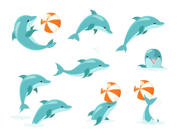 Juego de trucos de realización de delfines mulares. Lindo conjunto de delfines azules, delfines saltando