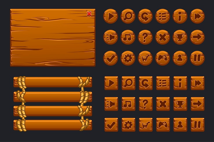Vector juego ui big kit. menú de madera de plantilla de interfaz gráfica de usuario