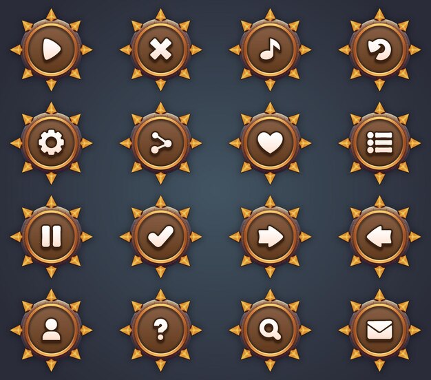 Juego ui conjunto de botones marrones en estilo de dibujos animados gui para construir juegos 2d de dibuyos animados kit de botones casuales