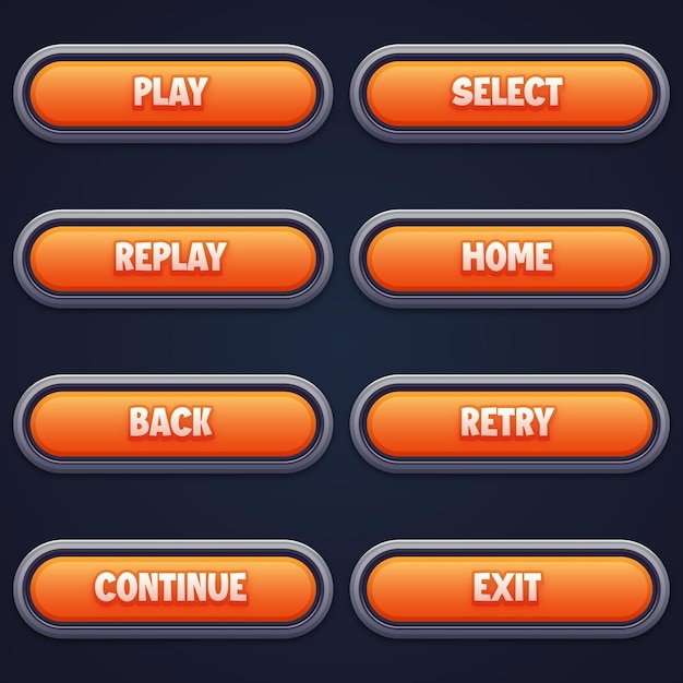 Juego ui conjunto de botones naranjas en estilo de dibujos animados gui para construir juegos 2d de dibuyos animados kit de botones casuales