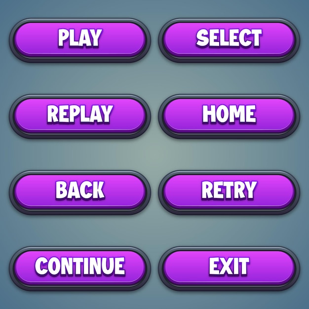 Vector juego ui conjunto de botones púrpuras en estilo de dibujos animados gui para construir juegos 2d dibujos animados casual botones kit