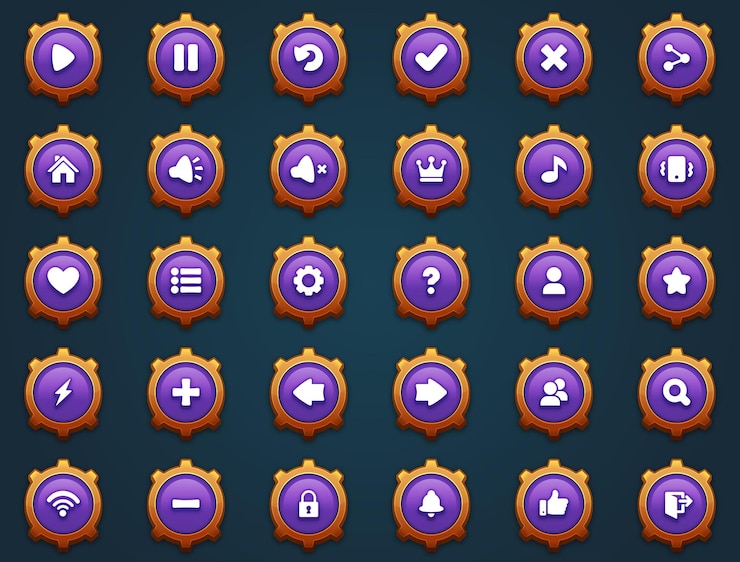 Vector juego ui conjunto de botones púrpuras en estilo de dibujos animados gui para construir juegos 2d de dibuyos animados kit de botones casuales