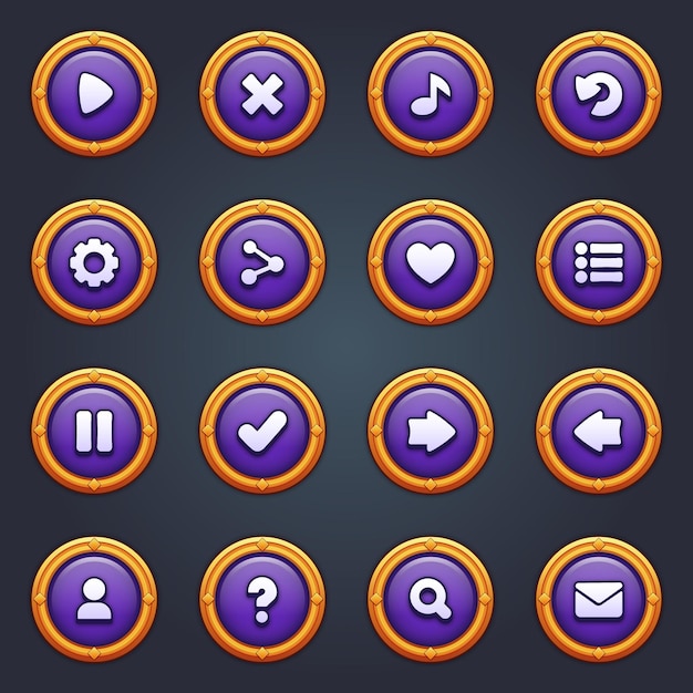 Juego ui conjunto de botones púrpuras en estilo de dibujos animados gui para construir juegos 2d de dibuyos animados kit de botones casuales