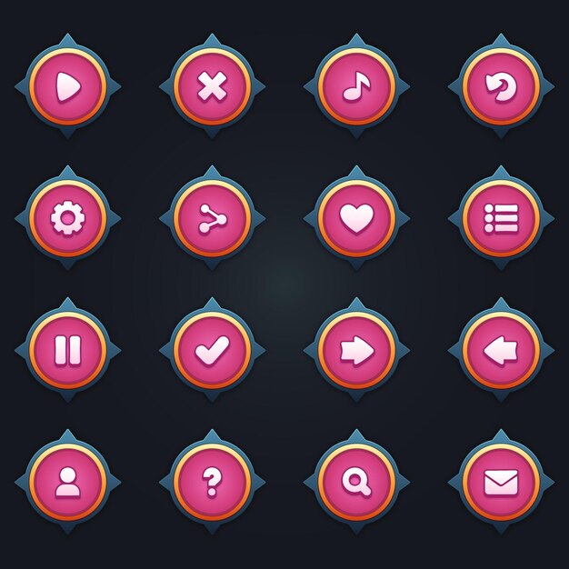 Juego ui conjunto de botones rosados en estilo de dibujos animados gui para construir juegos 2d de dibuyos animados kit de botones casuales