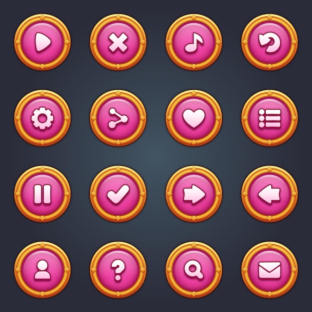 Juego ui conjunto de botones rosados en estilo de dibujos animados gui para construir juegos 2d de dibuyos animados kit de botones casuales