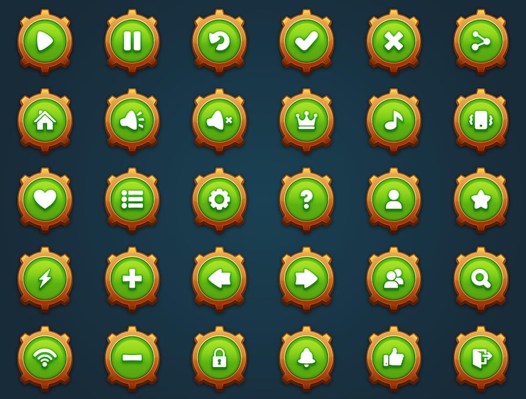 Vector juego ui conjunto de botones verdes en estilo de dibujos animados gui para construir juegos 2d dibujos caricaturados kit de botones casuales