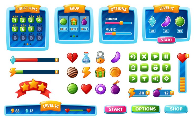 Vector juego ui kit, botones de interfaz de juegos de dibujos animados, iconos, menú. activos de la interfaz gráfica de usuario de la aplicación móvil, panel, barra de progreso, botón, conjunto de vectores de elementos de diseño de juegos