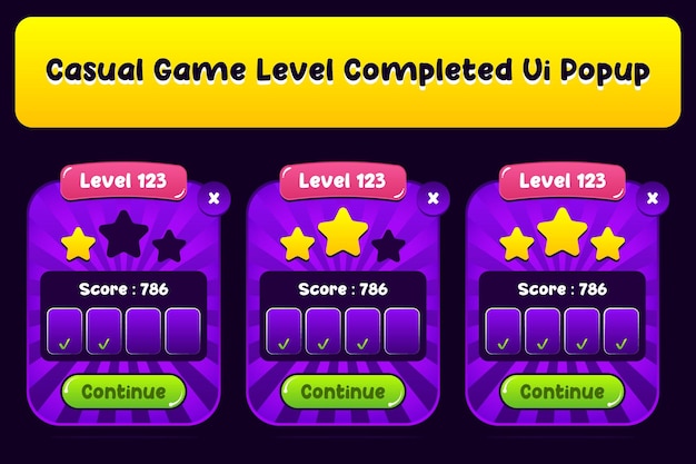 Juego UI Nivel emergente completado Ventana de interfaz gráfica de usuario GUI para crear juegos 2D Juego informal