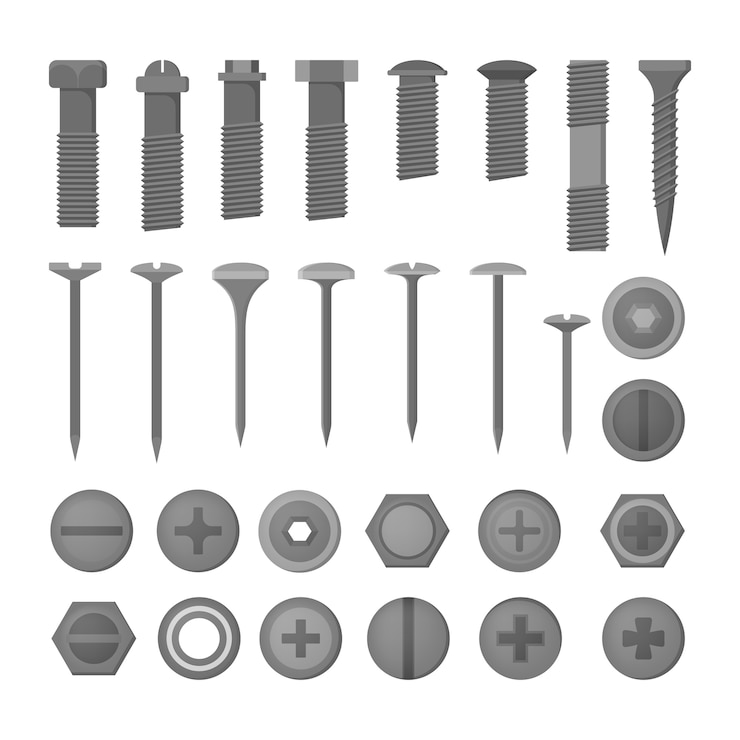 Vector juego de uñas. colección de la herramienta de metal para reparación de viviendas. equipo de carpintero de acero. ilustración con estilo
