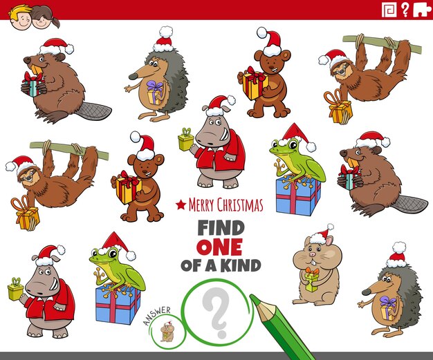 Juego único con animales de dibujos animados con regalos de Navidad.