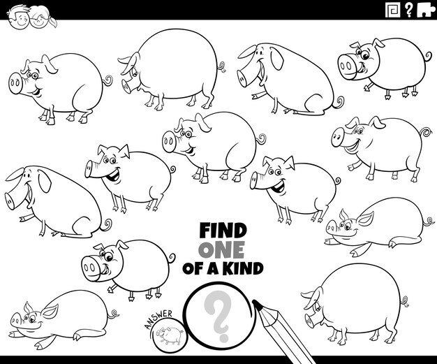 Un juego único con dibujos animados de cerdos animales de granja página de colorear