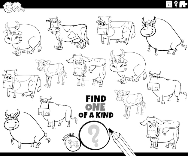 Un juego único con vacas de dibujos animados animales de granja página de colorear