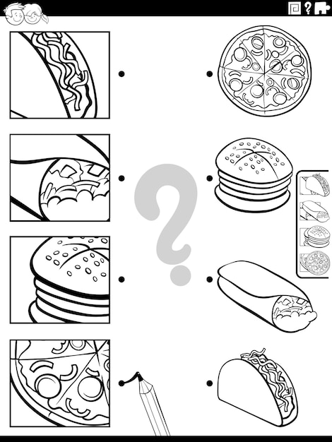 Juego de unir objetos de comida y recortes para colorear, pintar e imprimir