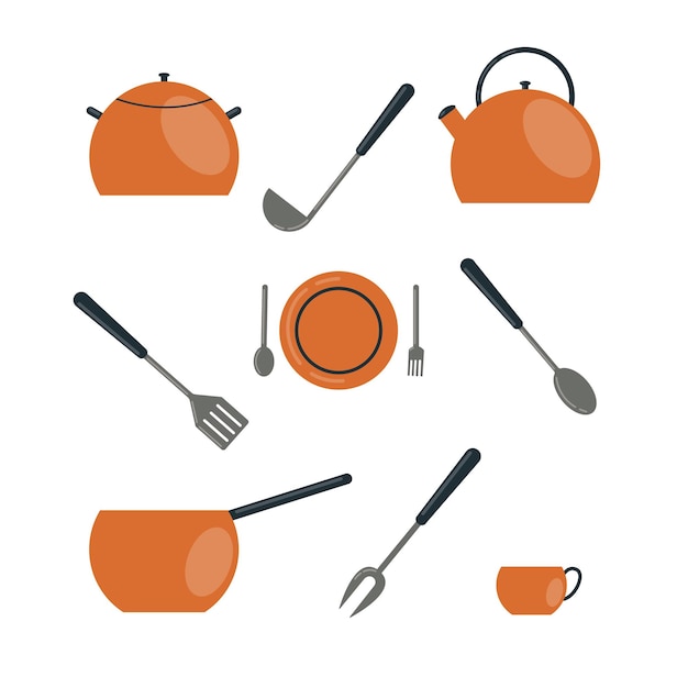 Un juego de utensilios de cocina. un conjunto de accesorios de cocina para cocinar en la cocina, que consta de una olla, tetera, platos, tenedores y tazas, cucharón, cucharón. ilustración vectorial sobre un fondo blanco.