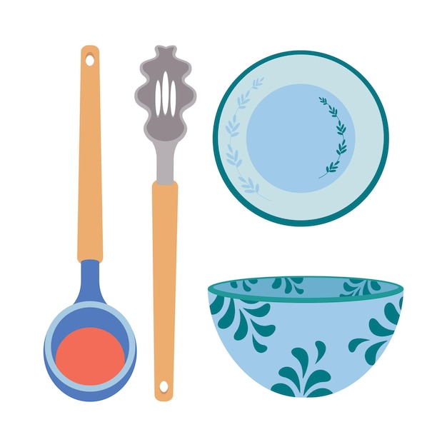 Un juego de utensilios de cocina una cuchara un cucharón un plato un bol