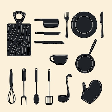 interrumpir Pila de Medalla Juego de utensilios de cocina. herramientas y equipos de utensilios de  cocina vectorial, aparato de cocina de dibujos animados. | Vector Premium