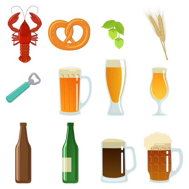 Juego de vasos de cerveza, botella y snack.