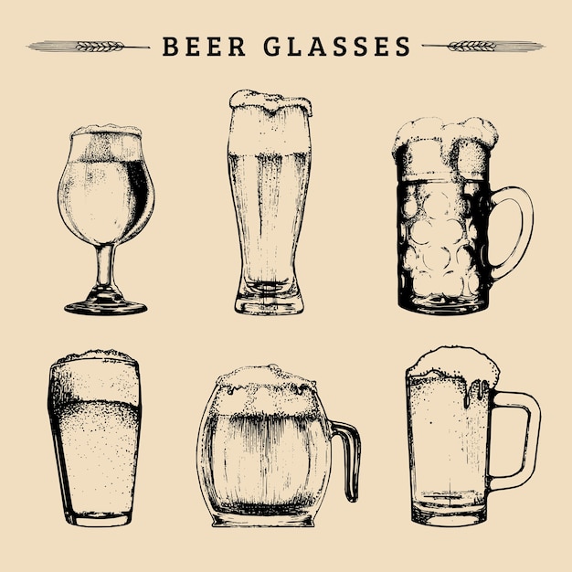 juego de vasos de cerveza vintage. Lager, ale símbolos dibujados a mano, signos. Colección de tazas vintage dibujadas a mano