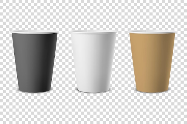 Vector juego de vasos desechables de papel marrón artesanal y negro blanco 3d realista