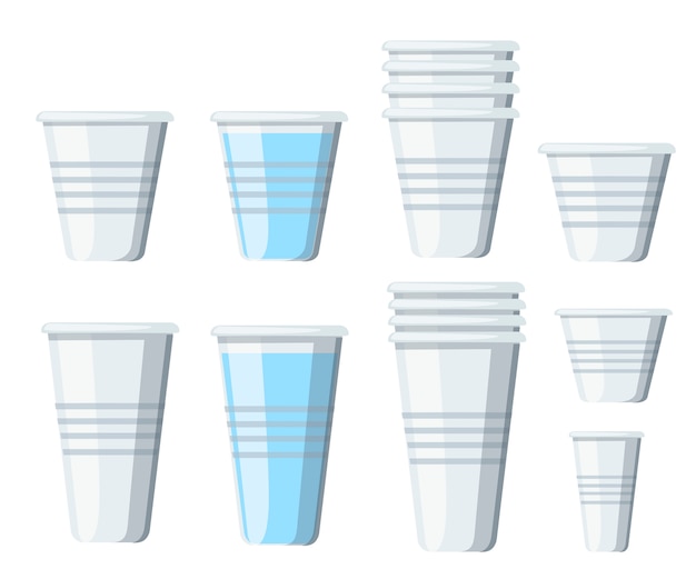 Juego de vasos de plástico. vasos transparentes desechables de diferentes tamaños. vasos vacíos y con agua. ilustración sobre fondo blanco