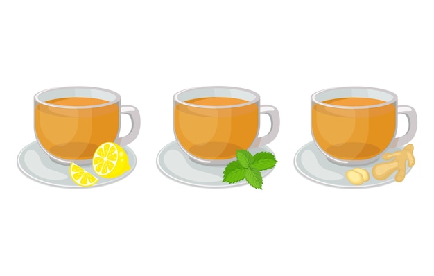 Juego de vasos de vidrio con platillos con té de hierbas en el interior y una rodaja de limón, menta, jengibre ilustración aislado sobre fondo blanco. Té de hierbas caliente