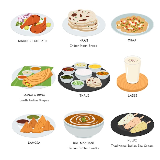 Vector juego de vectores de comida india. conjunto de platos famosos en dibujos animados de imágenes prediseñadas de la india. comida asiática. cocina india