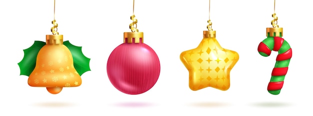 Juego de vectores de decoración colgante de Navidad. Bola de Navidad, estrella, bastón de caramelo y colección de campanas.