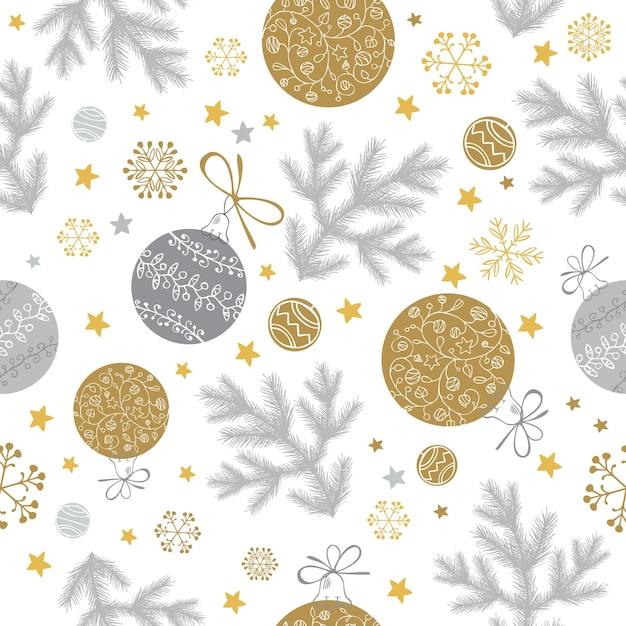 Juego de vectores dibujados a mano con rama de árbol de Navidad, bolas, copos de nieve y estrellas. Patrón transparente de vector