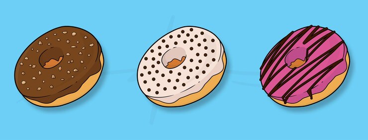 Juego de vectores de donas con cobertura de pasta de chocolate y migas de maní