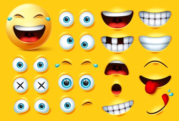 Juego de vectores de kit de creación de emoji. Kit de cara de emoticonos y emojis ojos y boca en sorpresa, emocionado