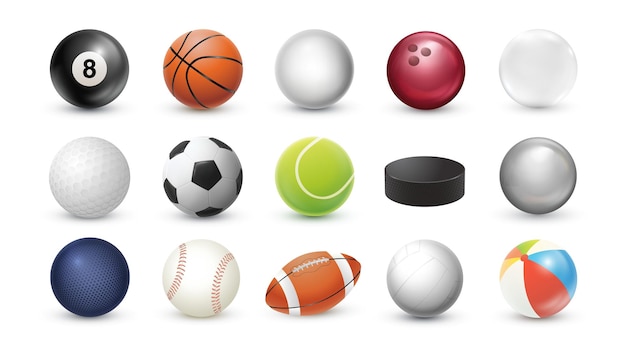 Juego de vectores de pelotas deportivas realistas Ilustración del juego de fútbol de béisbol y pelota de tenis