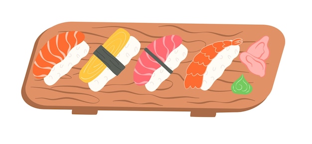 Juego de vectores de sushi nigiri japonés. Diferentes tipos de sushi con camarones de huevo de atún de salmón Comida asiática.