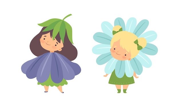 Un juego vectorial de niños lindos con disfraces de flores.