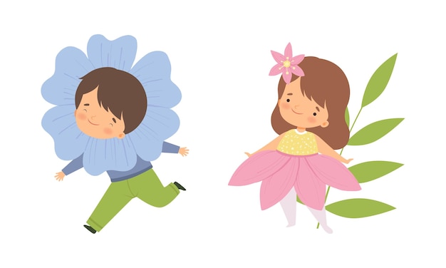 Un juego vectorial de niños lindos con disfraces de flores.