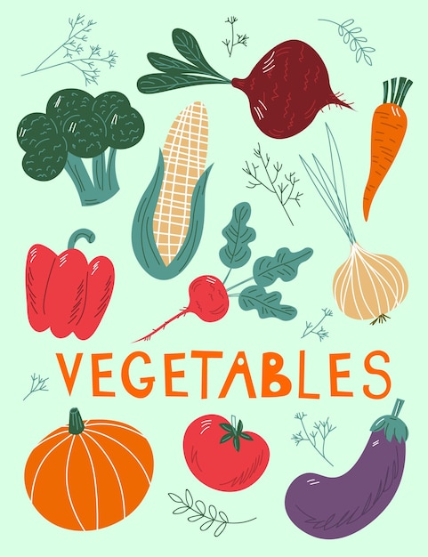 Juego de vegetales dibujados a mano con texto Ilustración vectorial de estilo de dibujos animados aislada sobre fondo blanco Verduras deliciosas orgánicas frescas Comida vegetariana saludable Menú vegano EPS