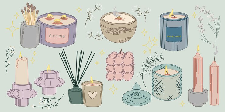 Vector juego de velas aromáticas velas de cera decorativas para relax y spa ilustraciones vectoriales